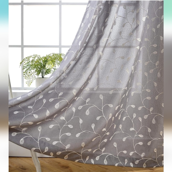 Floral Embroidered Semi Sheer Curtains Faux Linen Grommet Curtain Panels 52 x 95 - Picture 3 of 15